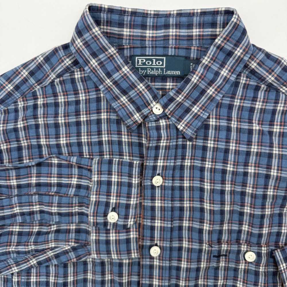 Polo Ralph Lauren Button Down Mens L Blue Plaid Linen Cotton Long Sleeve Shirt